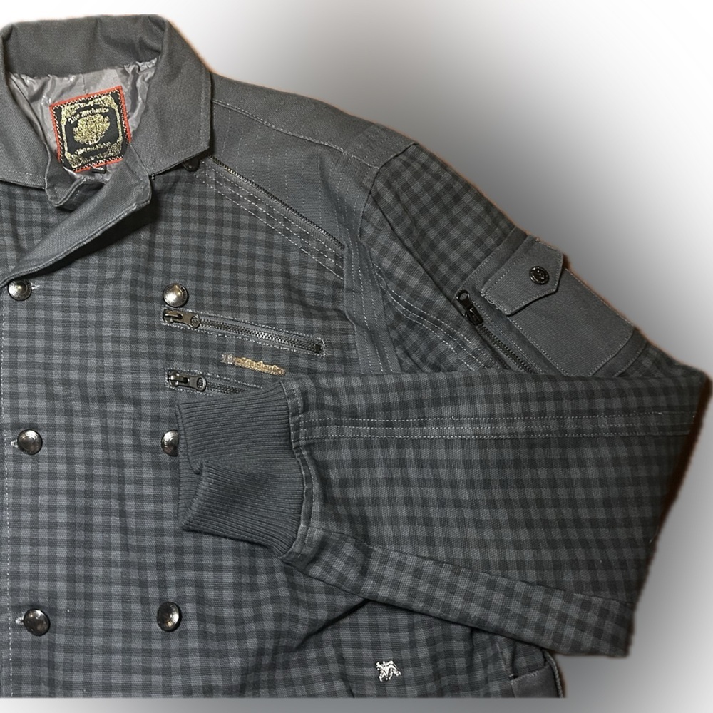 Live Mechanics Canvas Checked Plaid Gray Streetwear Moto Grunge Stud Coat 2XL - Picture 2 of 16